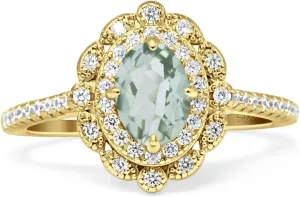 OMRANII Floral Art Deco Oval Shape Natural Green Amethyst Prasiolite Vintage Style Halo Wedding Engagement Ring Cubic Zirconia 925 Sterling Silver