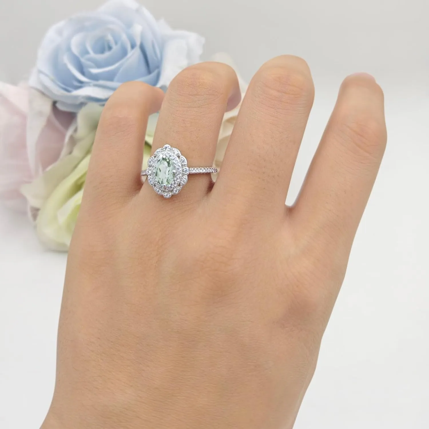 OMRANII Floral Art Deco Oval Shape Natural Green Amethyst Prasiolite Vintage Style Halo Wedding Engagement Ring Cubic Zirconia 925 Sterling Silver
