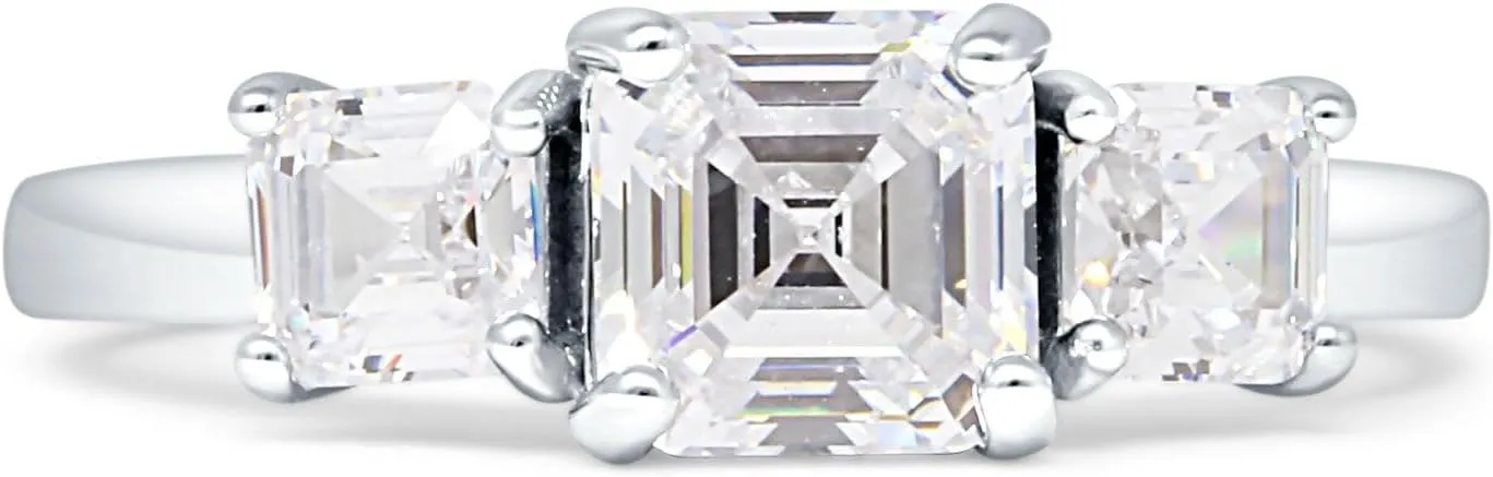 OMRANII Three Stone Asscher Cut Vintage Style Wedding Engagement Ring Cubic Zirconia Solid 925 Sterling Silver Ring