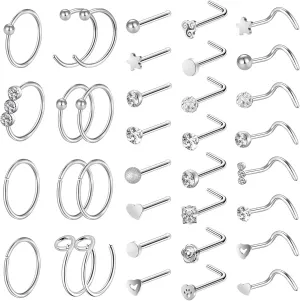 ONESING 36PCS Nose Rings for Women Nose Piercing Jewelry Silver Nose Rings Hoops 20G Nose Piercings Stainless Steel Nose Studs Nose Screws Rings Heart Nose Ring