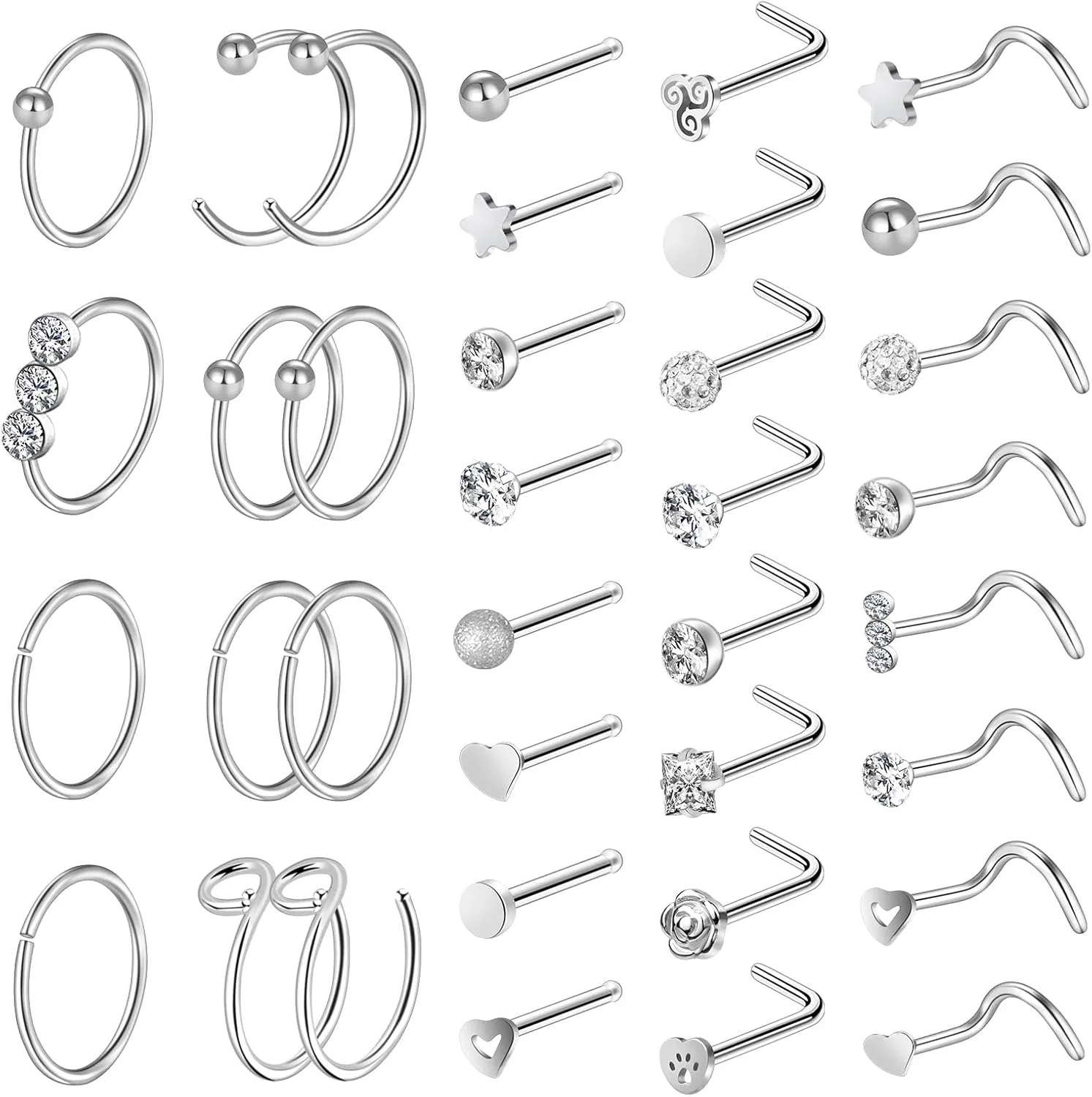 ONESING 36PCS Nose Rings for Women Nose Piercing Jewelry Silver Nose Rings Hoops 20G Nose Piercings Stainless Steel Nose Studs Nose Screws Rings Heart Nose Ring