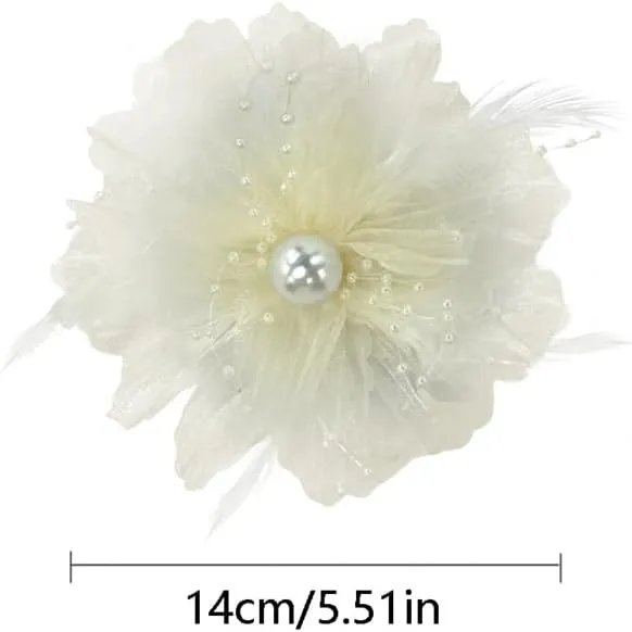 Organza Flower Feather Imitation Pearl Fabric Big Brooches Lapel Pins for Women Elegant Floral Brooch Pin for Dresses Suit Wedding Banquet Clothes Accessories Fashion Jewelry 140mm