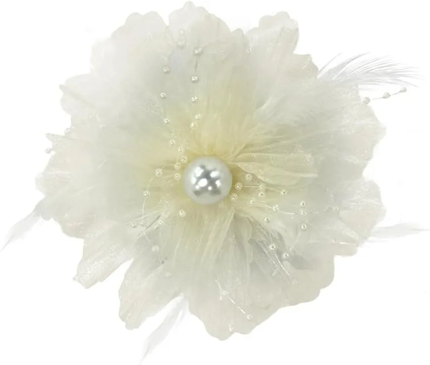 Organza Flower Feather Imitation Pearl Fabric Big Brooches Lapel Pins for Women Elegant Floral Brooch Pin for Dresses Suit Wedding Banquet Clothes Accessories Fashion Jewelry 140mm