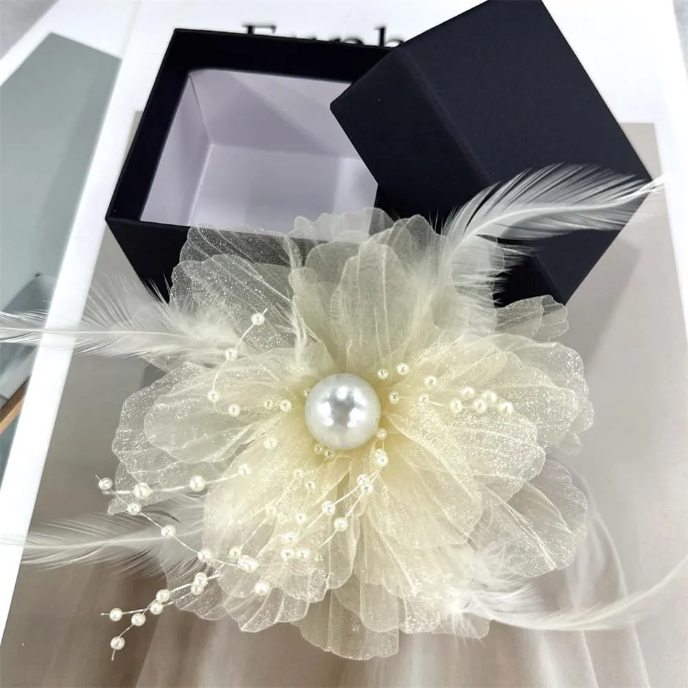 Organza Flower Feather Imitation Pearl Fabric Big Brooches Lapel Pins for Women Elegant Floral Brooch Pin for Dresses Suit Wedding Banquet Clothes Accessories Fashion Jewelry 140mm