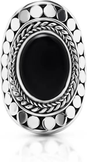 Oval Black Onyx Vintage Ring- 925 Sterling Silver - Ethnic Boho Chic Hand Made Jewelry - Fashionable And Stylish For Women -Us Size 6-10