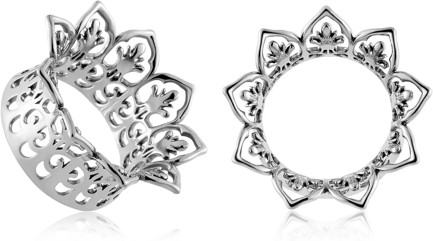 Oyaface 1 Pair Ear Plugs Tunnels Gauges Stretcher 2G-5/8 Vintage Opening Saddle Concave Punk Flower Stainless Steel Body Piercing for Stretched Earlobe