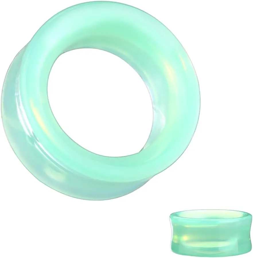 Pair (2PCS) GREEN OPALITE GLASS TUNNELS Double Flare Organic Gauges Ear Plugs 9287