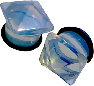 Pair (2PCS) OPALITE PYRAMID STONE PLUGS Single Flare Gauges Organic Moonstone Ear Tunnels 9178