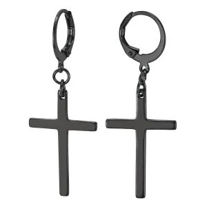 Pair Mens Womens Stainless Steel Huggie Hinged Hoop Earrings with Long Dangle Cross