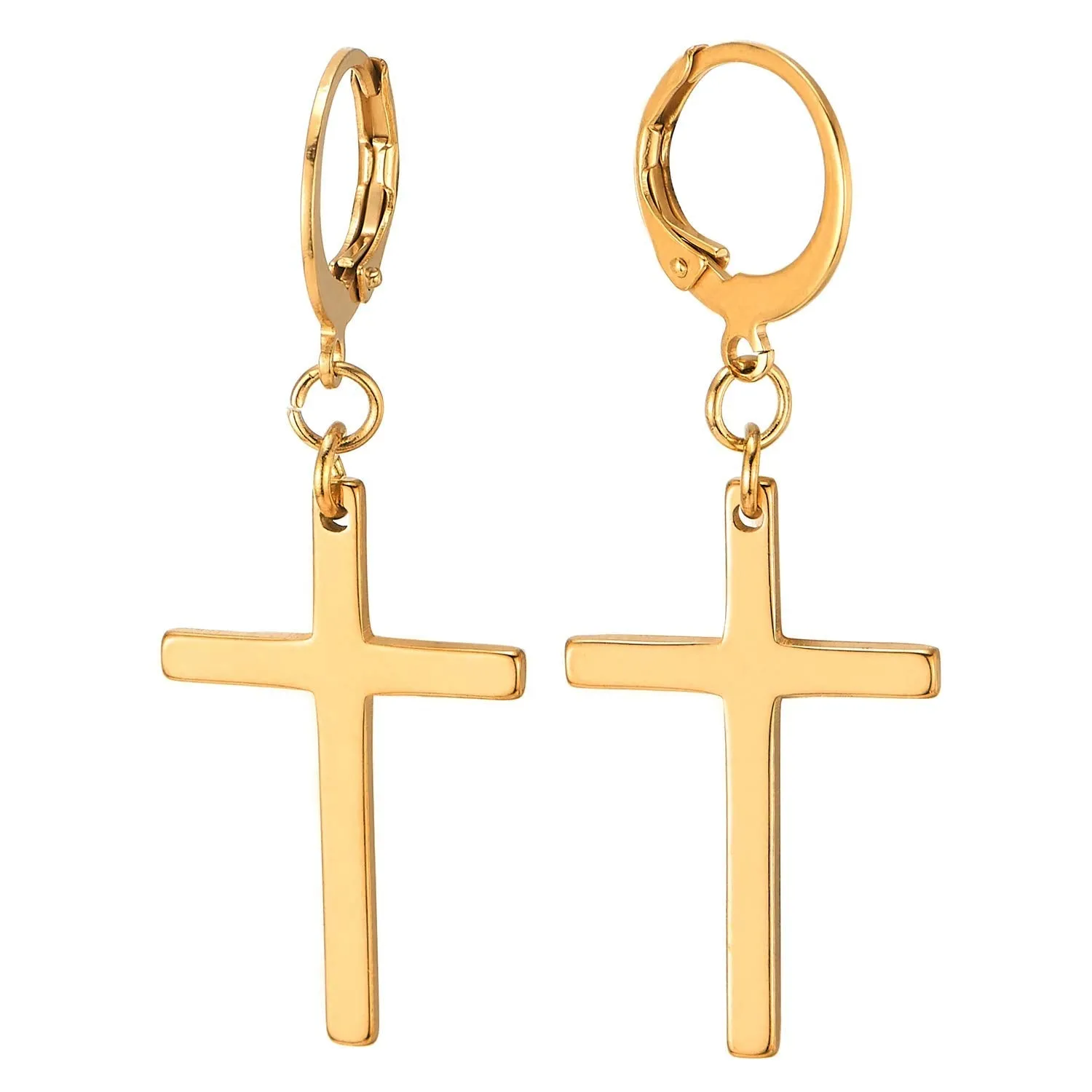 Pair Mens Womens Stainless Steel Huggie Hinged Hoop Earrings with Long Dangle Cross