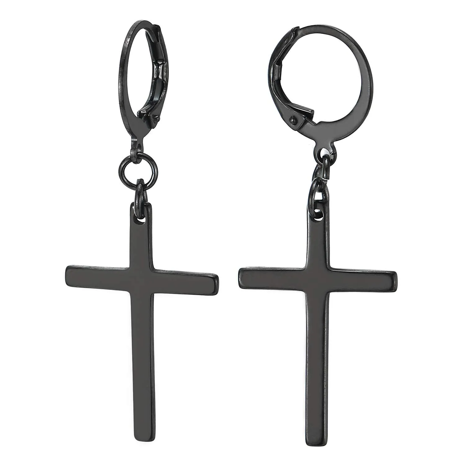 Pair Mens Womens Stainless Steel Huggie Hinged Hoop Earrings with Long Dangle Cross