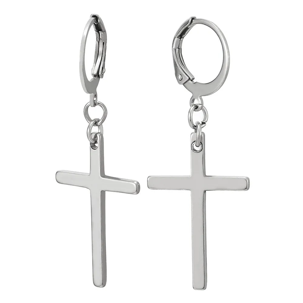 Pair Mens Womens Stainless Steel Huggie Hinged Hoop Earrings with Long Dangle Cross