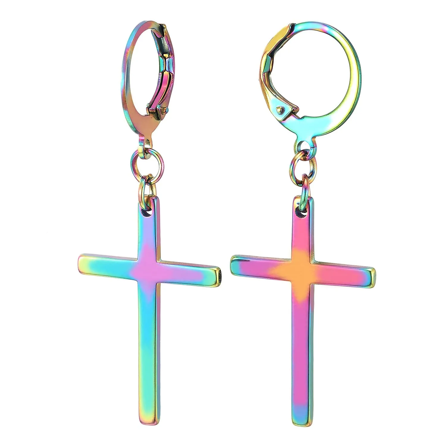 Pair Mens Womens Stainless Steel Huggie Hinged Hoop Earrings with Long Dangle Cross