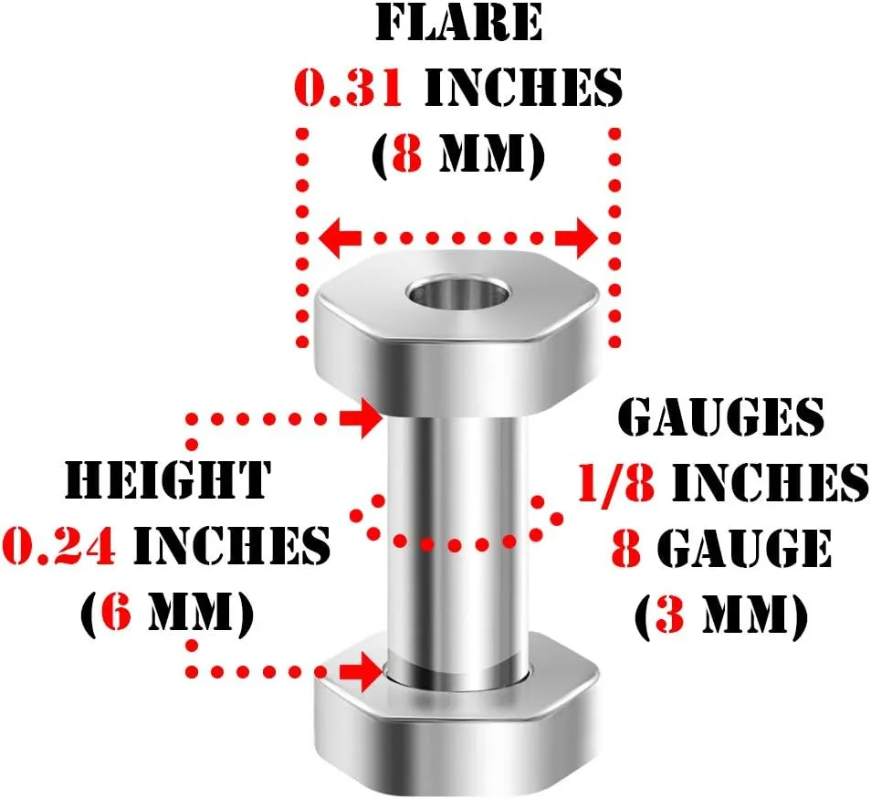 Pair of Surgical Steel Polished Hexagon Screw-Fit Flesh Tunnels Piercing Jewelry Stretcher Ear Plugs Earring Lobe
