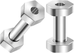 Pair of Surgical Steel Polished Hexagon Screw-Fit Flesh Tunnels Piercing Jewelry Stretcher Ear Plugs Earring Lobe