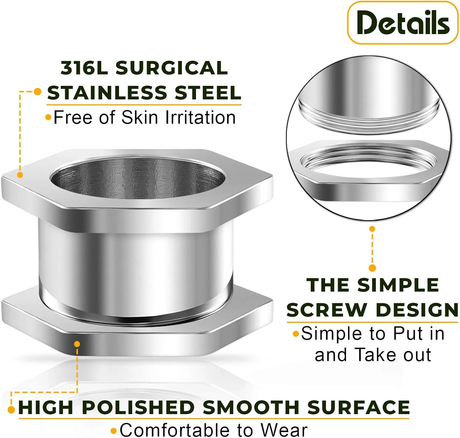 Pair of Surgical Steel Polished Hexagon Screw-Fit Flesh Tunnels Piercing Jewelry Stretcher Ear Plugs Earring Lobe