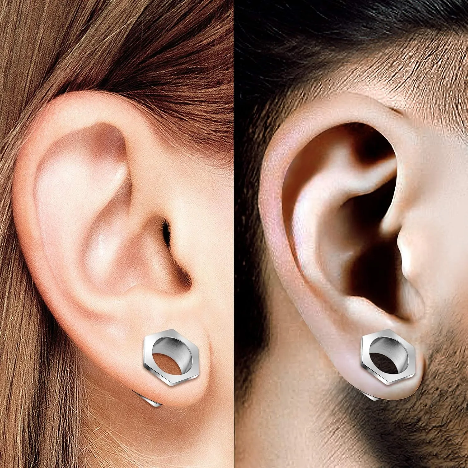 Pair of Surgical Steel Polished Hexagon Screw-Fit Flesh Tunnels Piercing Jewelry Stretcher Ear Plugs Earring Lobe