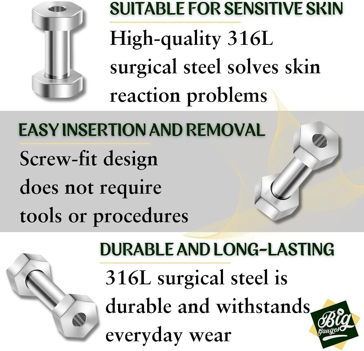 Pair of Surgical Steel Polished Hexagon Screw-Fit Flesh Tunnels Piercing Jewelry Stretcher Ear Plugs Earring Lobe