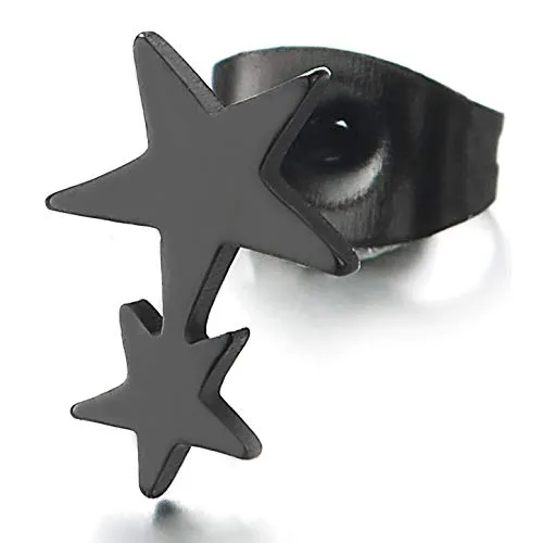 Pair Stainless Steel Double Black Pentagram Stars Stud Earrings for Men Women, Unique