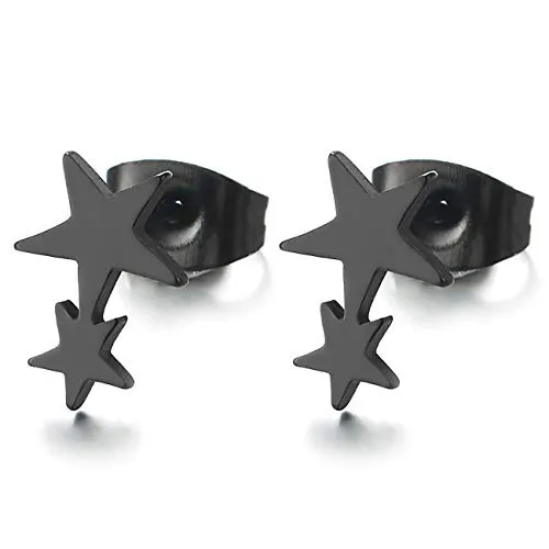 Pair Stainless Steel Double Black Pentagram Stars Stud Earrings for Men Women, Unique