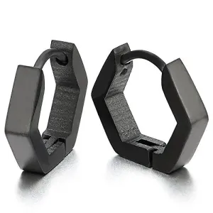 Pair Stainless Steel Plain Black Hexagon Huggie Hinged Hoop Earrings for Unisex Men Women