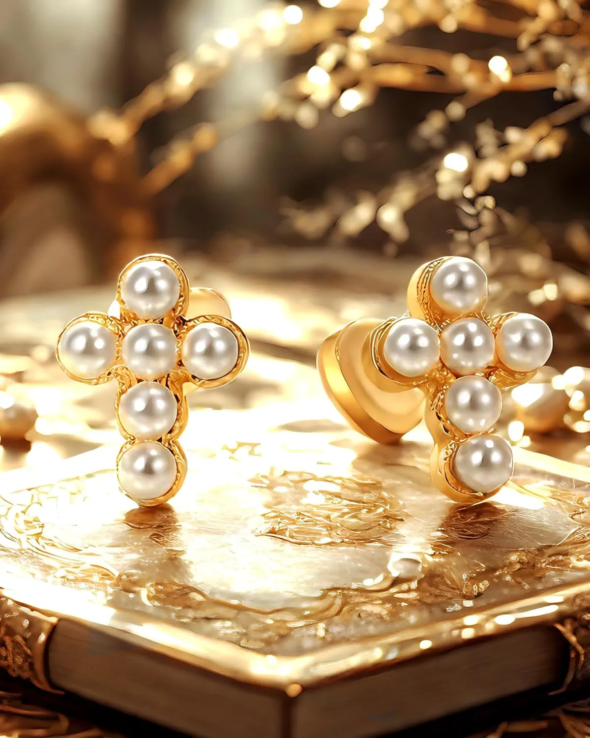 PANSTAR Cross Pearl Earrings for Women - Small Gold Studs, Elegant and Hypoallergenic - Gifts for Women