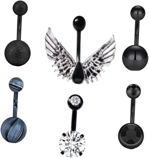 PartyKindom 6pcs Fashion Belly Button Ring Pearl Small Navel Piercing Jewelry Black Navel Rings Creative Wing Studs