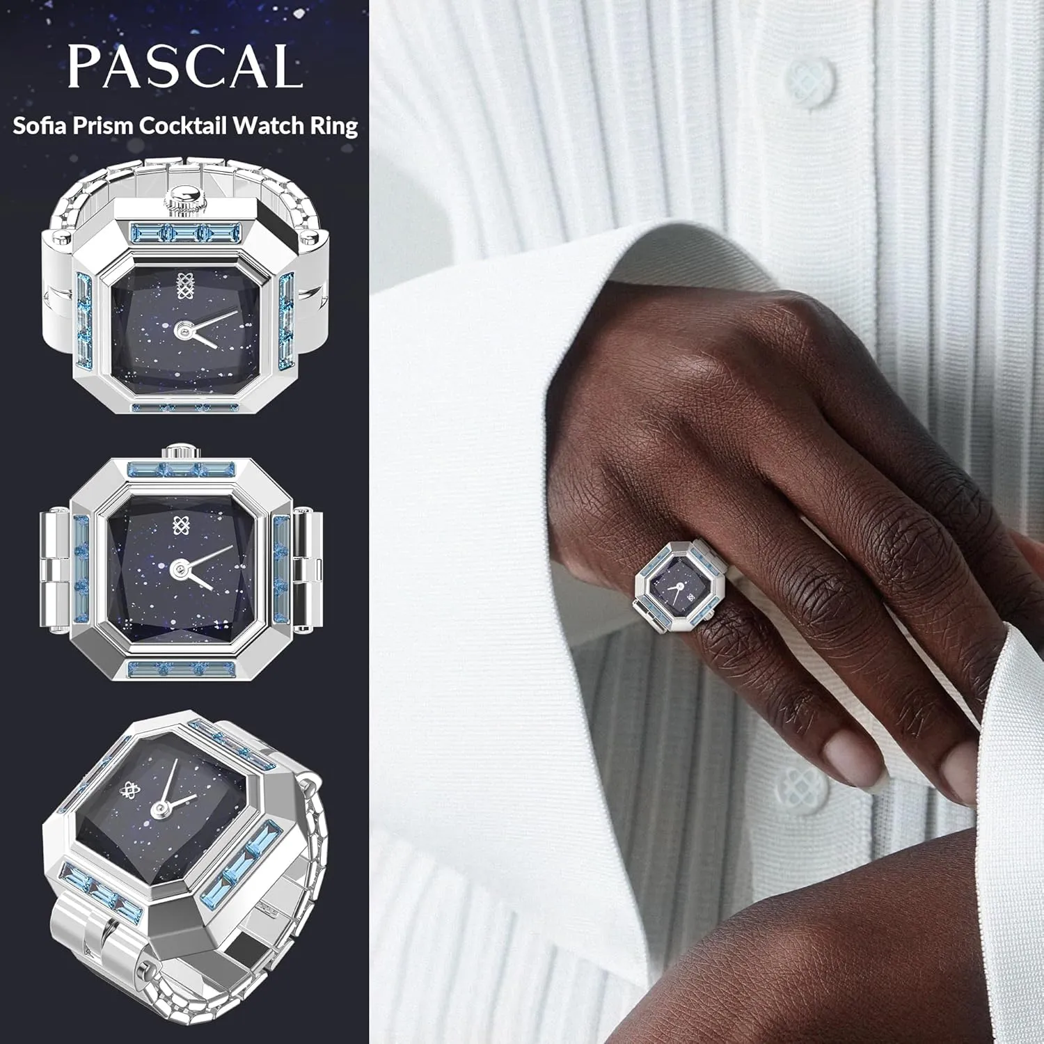 PASCAL Sofia Prism Cocktail Watch Ring Two-Hand Finger Ring Watch with Crystal Gemstone Dial, Stretch Band, Quartz Movement 3 ATM Waterproof, Jewelry for Women/Men, Birthday or Anniversary Gift, 21mm