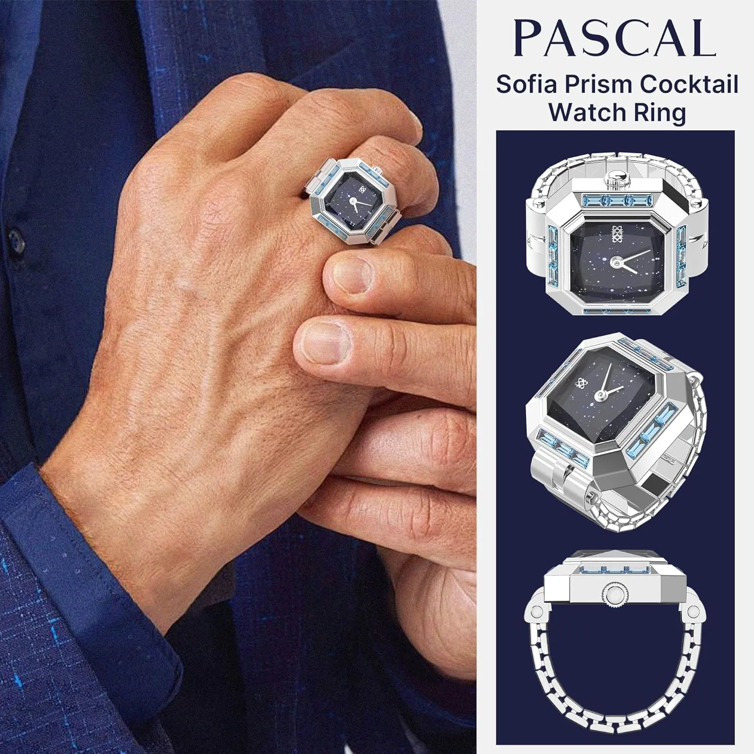 PASCAL Sofia Prism Cocktail Watch Ring Two-Hand Finger Ring Watch with Crystal Gemstone Dial, Stretch Band, Quartz Movement 3 ATM Waterproof, Jewelry for Women/Men, Birthday or Anniversary Gift, 21mm