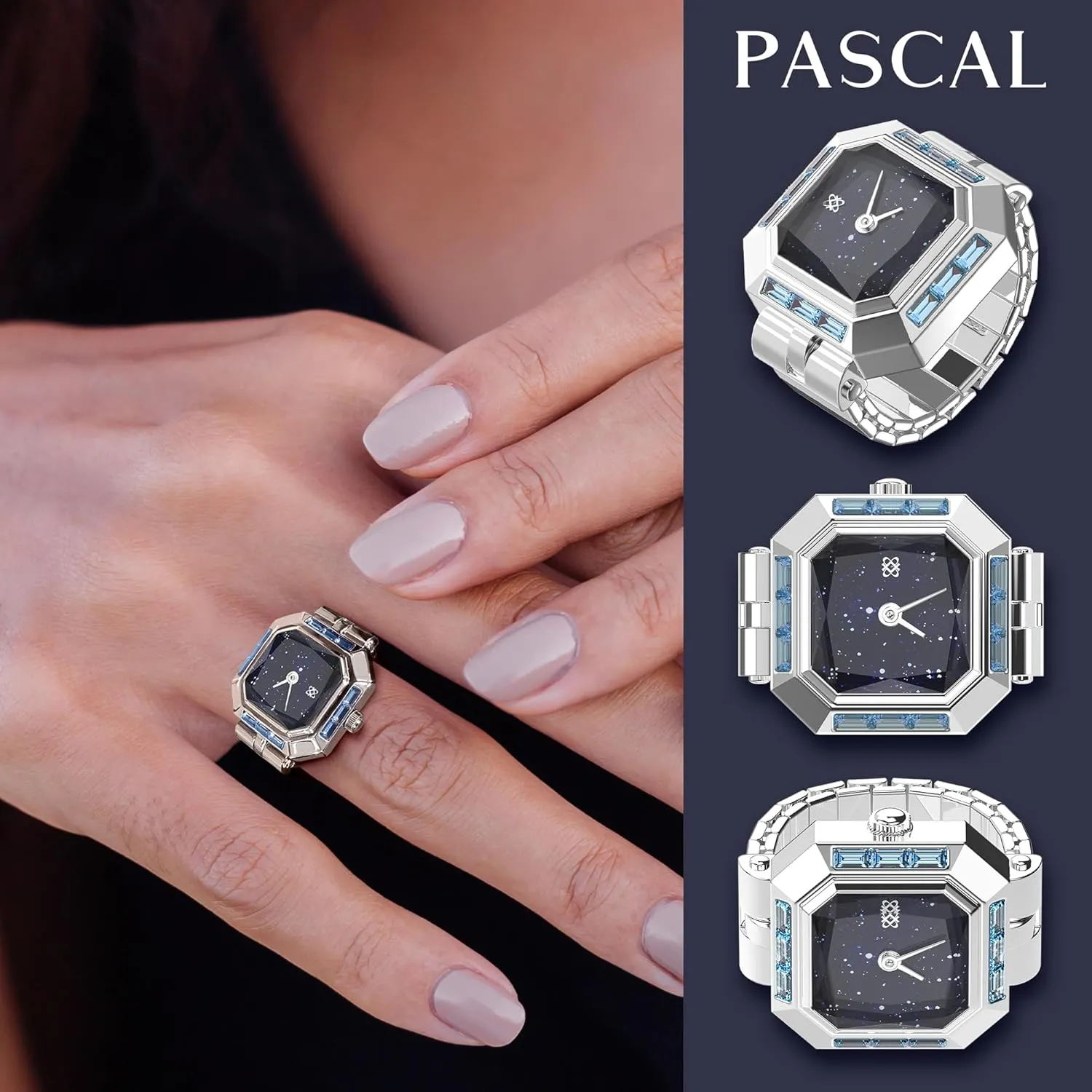 PASCAL Sofia Prism Cocktail Watch Ring Two-Hand Finger Ring Watch with Crystal Gemstone Dial, Stretch Band, Quartz Movement 3 ATM Waterproof, Jewelry for Women/Men, Birthday or Anniversary Gift, 21mm