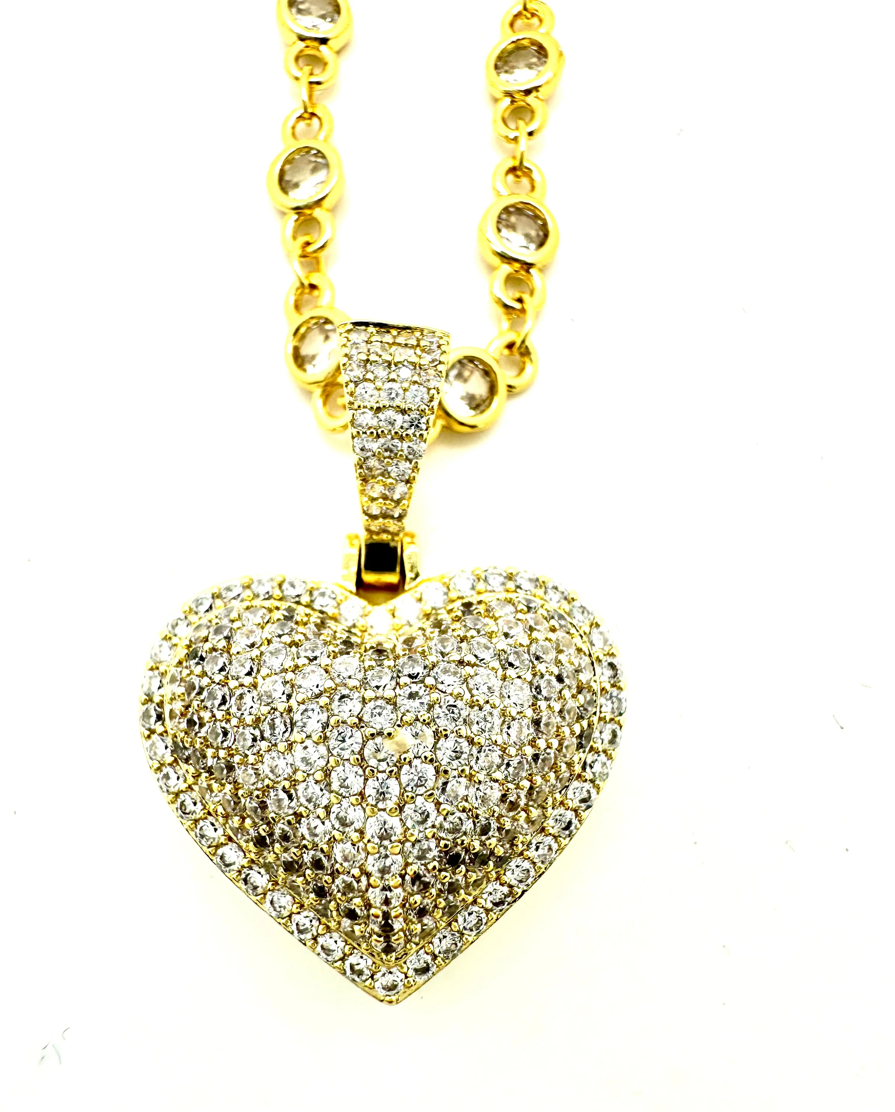 Pave Heart And CZ Chain Necklace