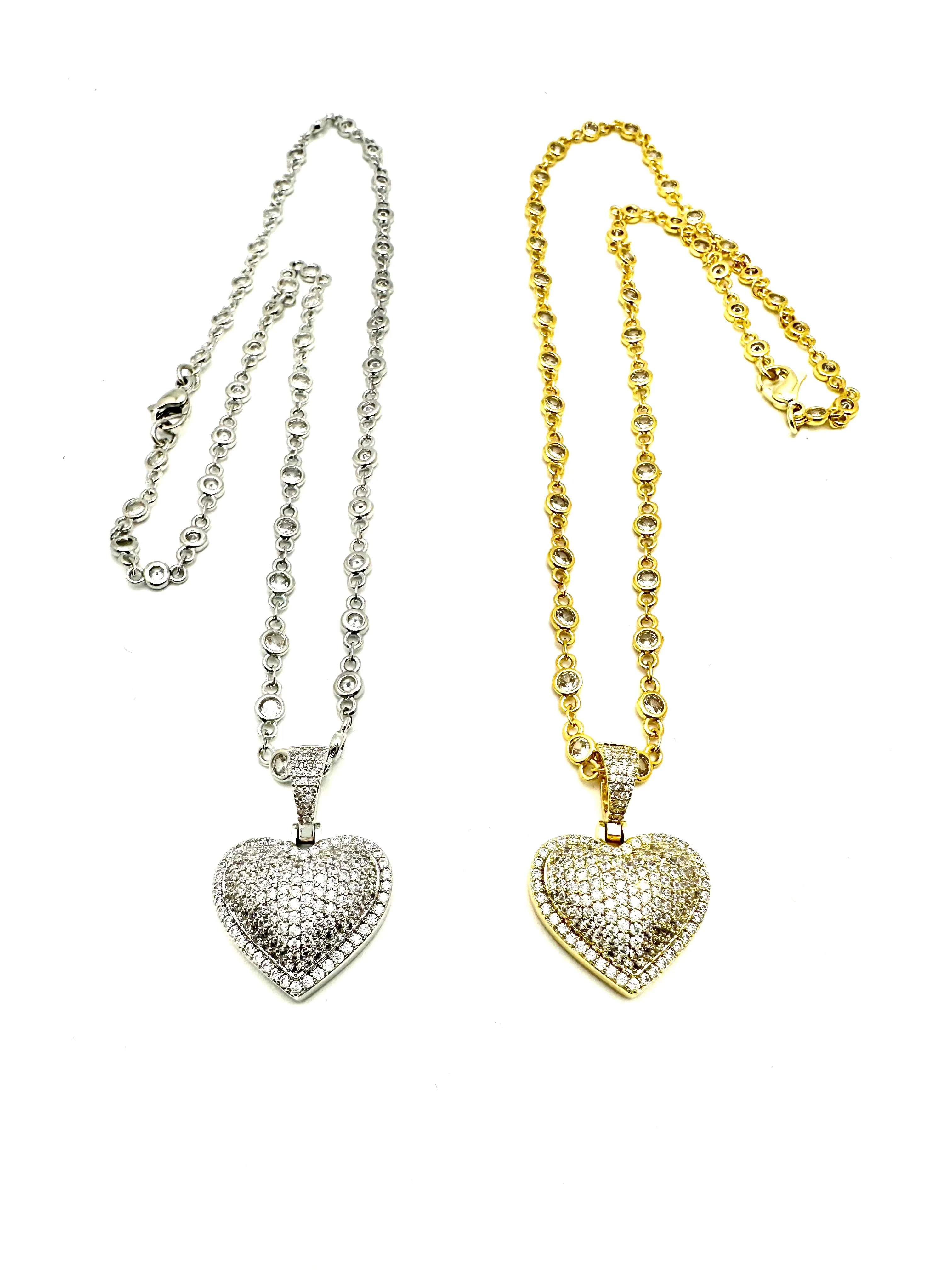 Pave Heart And CZ Chain Necklace