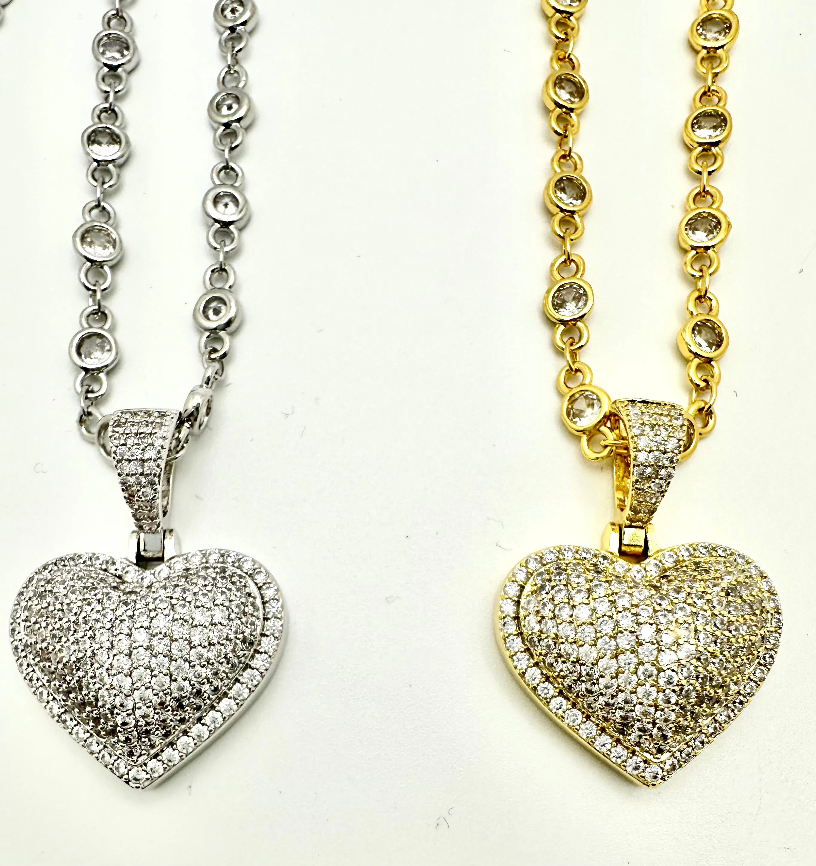 Pave Heart And CZ Chain Necklace