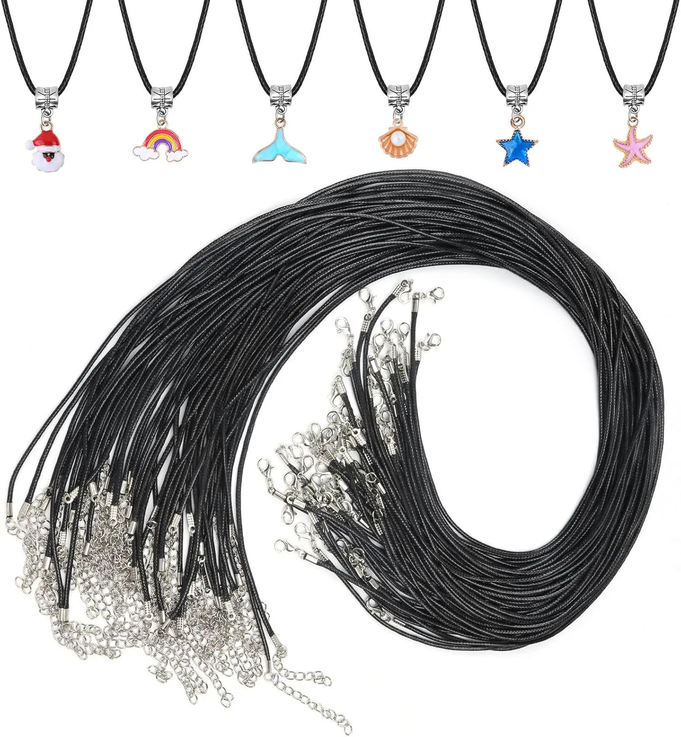Paxcoo 50Pcs Black Waxed Cotton Cord, 24 Inch Necklace String Rope with Clasp, Bulk for Charms, Pendants, Bracelets, Jewelry Making Supplies and Beading Supplies