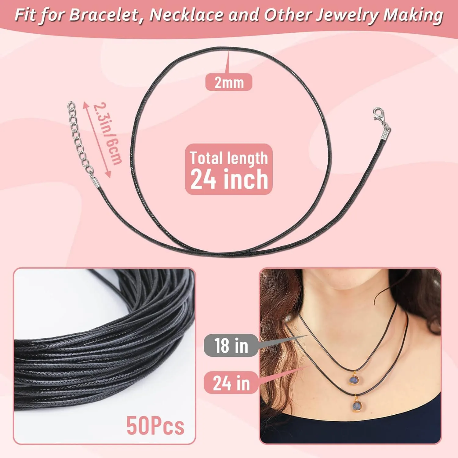 Paxcoo 50Pcs Black Waxed Cotton Cord, 24 Inch Necklace String Rope with Clasp, Bulk for Charms, Pendants, Bracelets, Jewelry Making Supplies and Beading Supplies