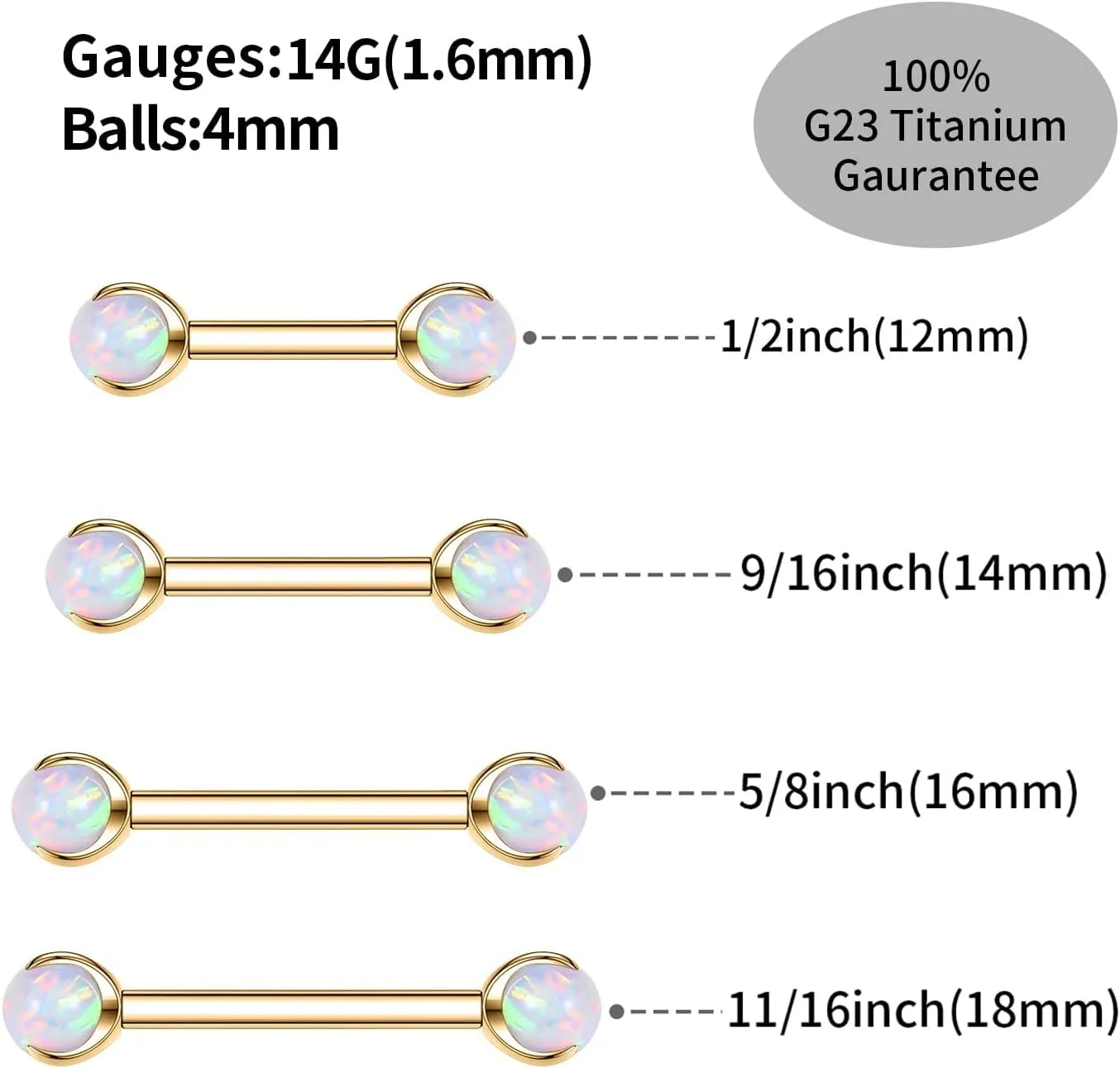 PEAKLINK 14G Titanium Nipple Rings & Barbell - CZ Opal Bridge Piercing Jewelry - Straight Internally Threaded - 12-18mm