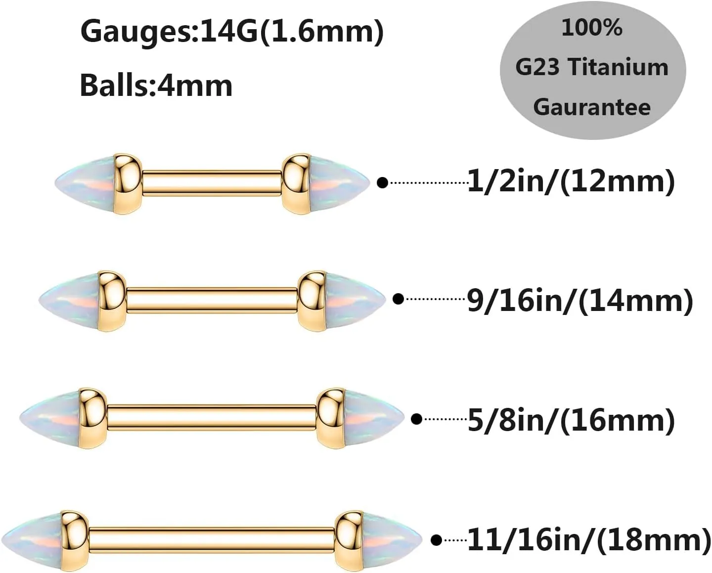 PEAKLINK 14G Titanium Nipple Rings & Barbell - CZ Opal Bridge Piercing Jewelry - Straight Internally Threaded - 12-18mm