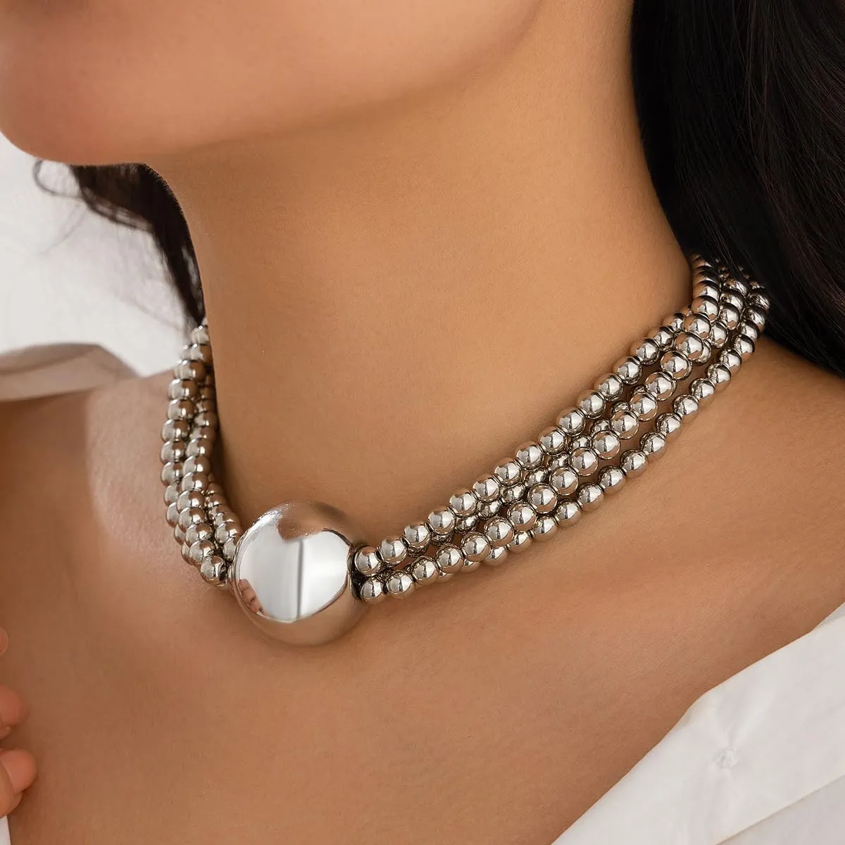 Pearl Choker Necklace for Women Chunky Statement Necklace Layered Ball Charm Chain Choker Jewelry