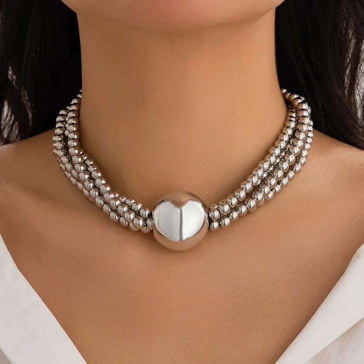 Pearl Choker Necklace for Women Chunky Statement Necklace Layered Ball Charm Chain Choker Jewelry