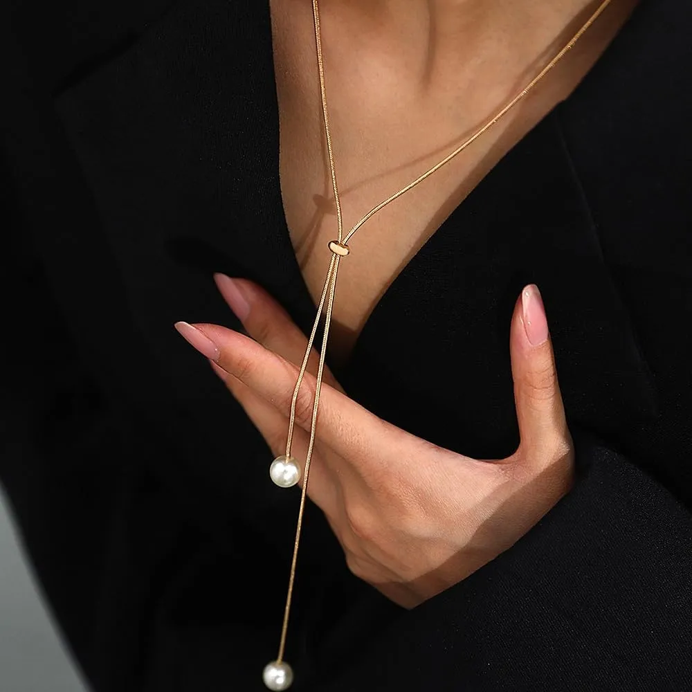 Pearl Lariat Necklaces for Women Simple Long Pearl Snake Chain Necklace Pull-out Adjustable Pearl Pendant Y Necklace Statement Costume Jewelry Presents