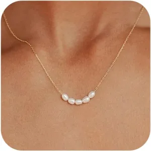 Pearl Necklaces for Women, 14K Gold Adjustable Dainty Imitation 6mm/8mm Pearl Choker Necklace, Trendy Simple Layered Chain Jewelry Gifts(5 Pearl)