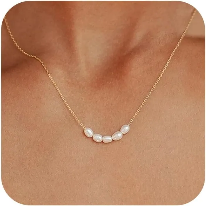 Pearl Necklaces for Women, 14K Gold Adjustable Dainty Imitation 6mm/8mm Pearl Choker Necklace, Trendy Simple Layered Chain Jewelry Gifts(5 Pearl)