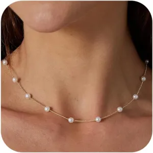 Pearl Necklaces for Women, 14K Gold Adjustable Dainty Imitation 6mm/8mm Pearl Choker Necklace, Trendy Simple Layered Chain Jewelry Gifts(6mm Satellite)