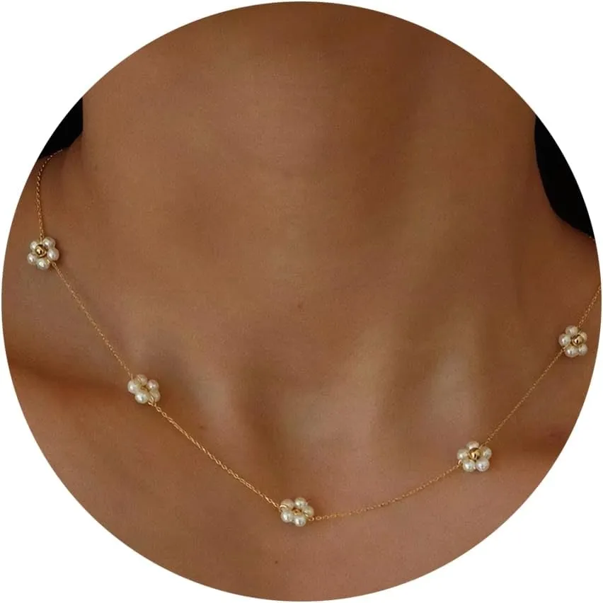 Pearl Necklaces for Women, 14K Gold Adjustable Dainty Imitation 6mm/8mm Pearl Choker Necklace, Trendy Simple Layered Chain Jewelry Gifts(Flower)