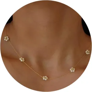 Pearl Necklaces for Women, 14K Gold Adjustable Dainty Imitation 6mm/8mm Pearl Choker Necklace, Trendy Simple Layered Chain Jewelry Gifts(Flower)