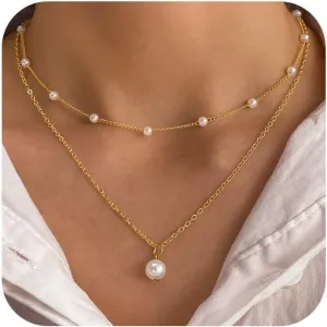 Pearl Necklaces for Women, 14K Gold Adjustable Dainty Imitation 6mm/8mm Pearl Choker Necklace, Trendy Simple Layered Chain Jewelry Gifts(Satellite Pendant)
