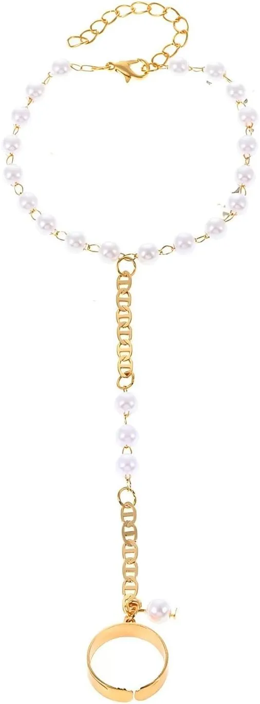 Pearl Ring Hand ChainGold Hand Chain Bracelet for WomenGold Plated Hand Chain BraceletDainty Adjustable Hand Bracelets Trendy Simple Bracelet Jewelry Gifts for Women