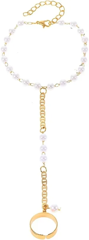 Pearl Ring Hand ChainGold Hand Chain Bracelet for WomenGold Plated Hand Chain BraceletDainty Adjustable Hand Bracelets Trendy Simple Bracelet Jewelry Gifts for Women