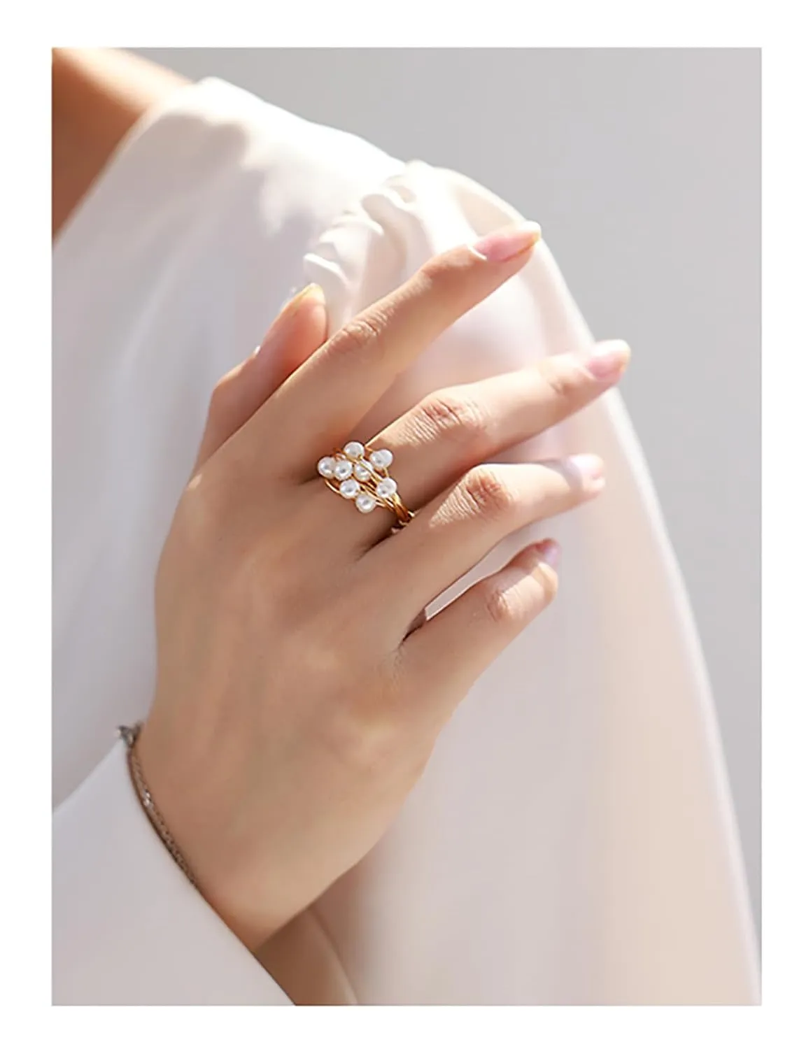 Pearl Ring Real Freshwater Pearl 14k Gold Plated Hand Winding Cluster Pearl Rings for Women Girls Statement Pearl Jewelry Size 6