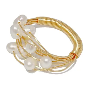 Pearl Ring Real Freshwater Pearl 14k Gold Plated Hand Winding Cluster Pearl Rings for Women Girls Statement Pearl Jewelry Size 6